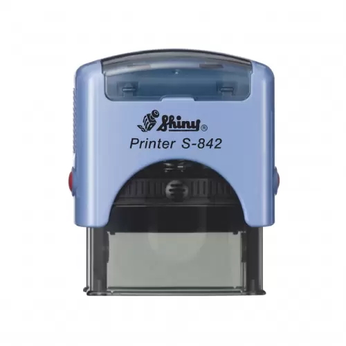 Kvalitní samonamáčecí textové razítko Shiny S-842 v modré barvě