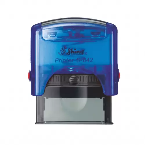 Kvalitní samonamáčecí textové razítko Shiny S-842 v modré transparentní barvě